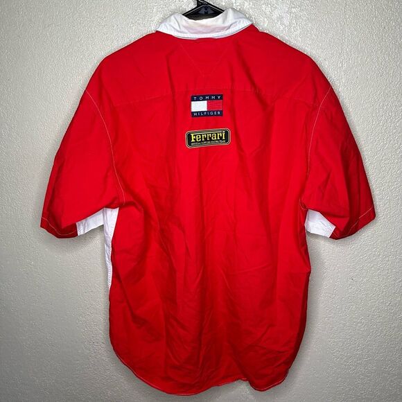 Y2K Tommy Hilfiger Ferrari Flag Logo Racing Shirt Mens Short Sleeve Button Up La - Picture 4 of 7